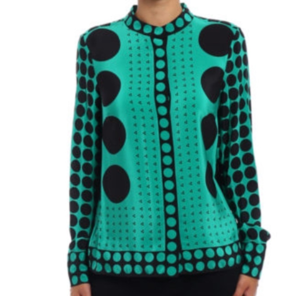 Diane von Furstenberg Silk Blouse – Brunel Evergreen Polka Dot Print, Size 12